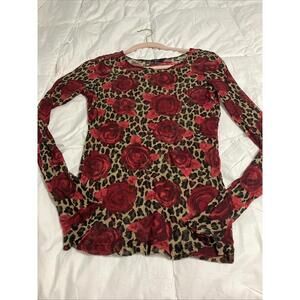 Express Red Sheer Cheetah Print & Roses Sheer Top Size Medium